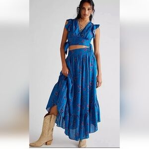 New Free People Two.piece Set Top And Skirt  Butterfly‎ Blue.